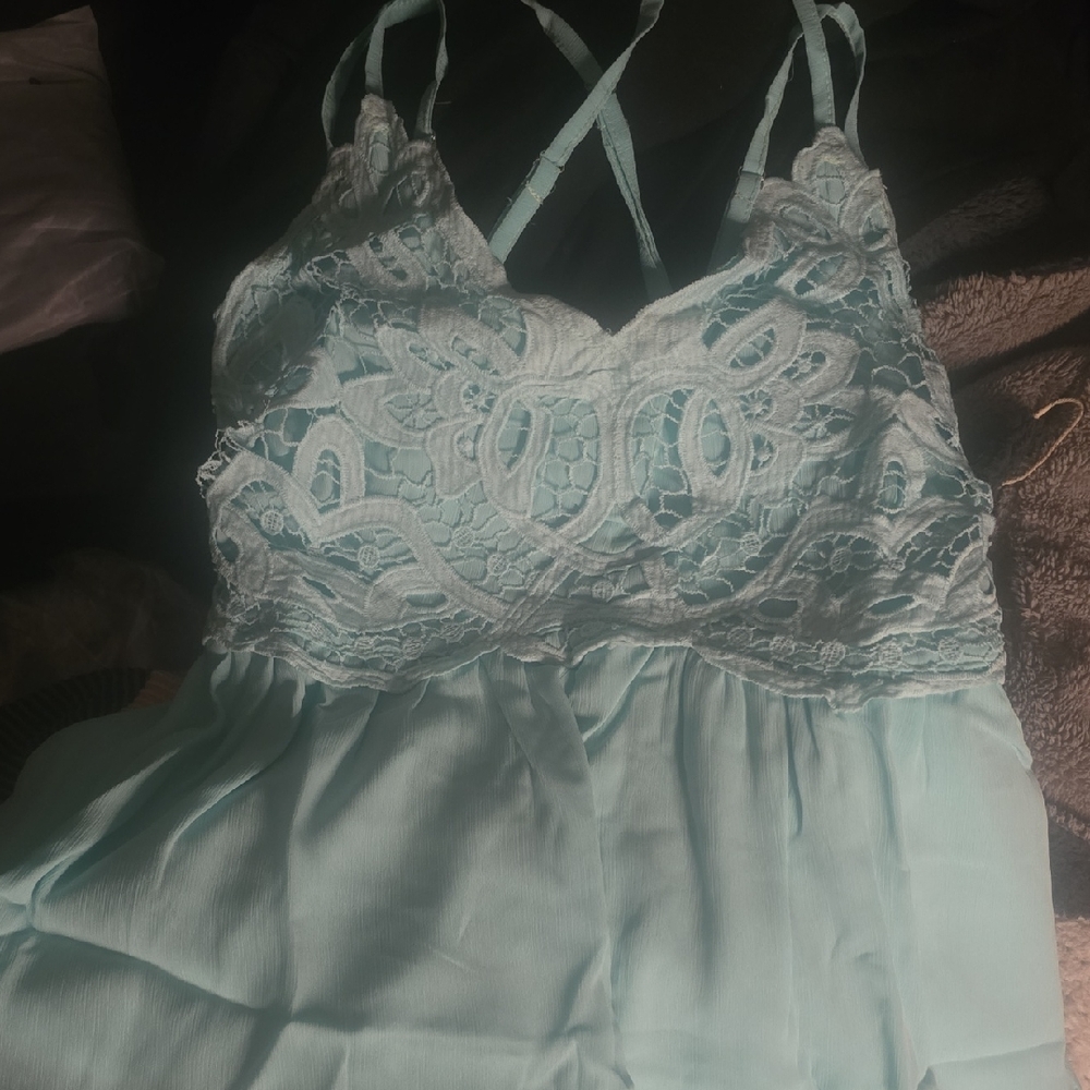 Lace Trim Tank Top in Light Blue